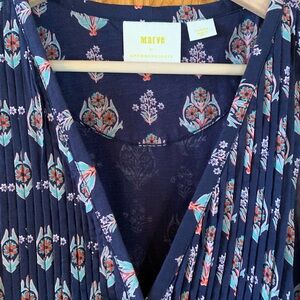 Anthropologie Navy Floral Pleated Top